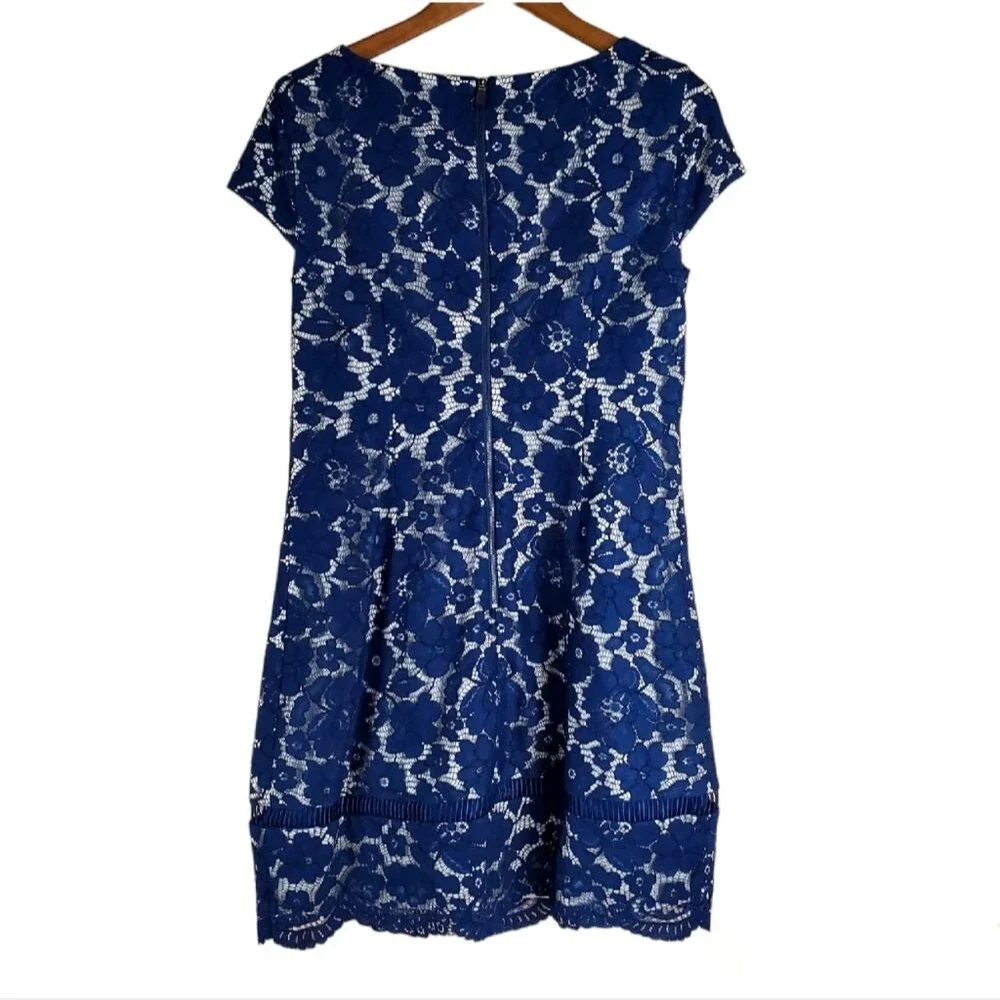 VINCE CAMUTO Blue Lace Overlay Fit & Flare Dress Size 10 Cap Sleeve Back Zip
